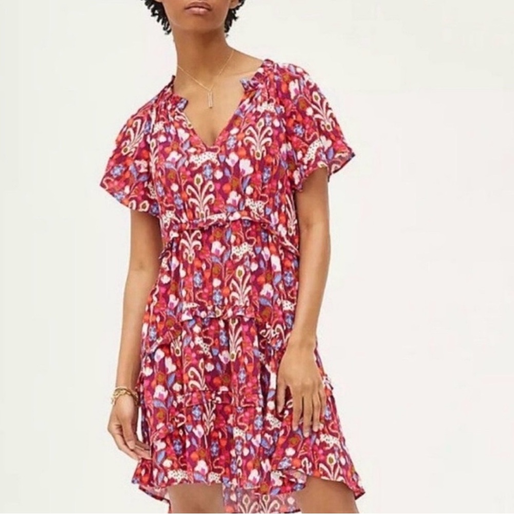 Anthropologie Red Floral Tiered Mini Dress